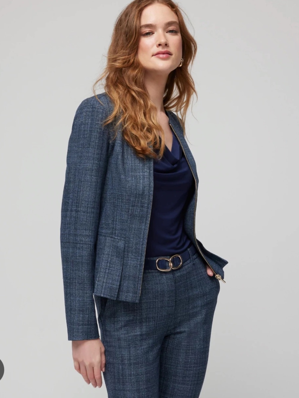 WHBM Two piece Suit Jacket and Pant Set Flirty Crosshatch Women’s SZ 12 Blue